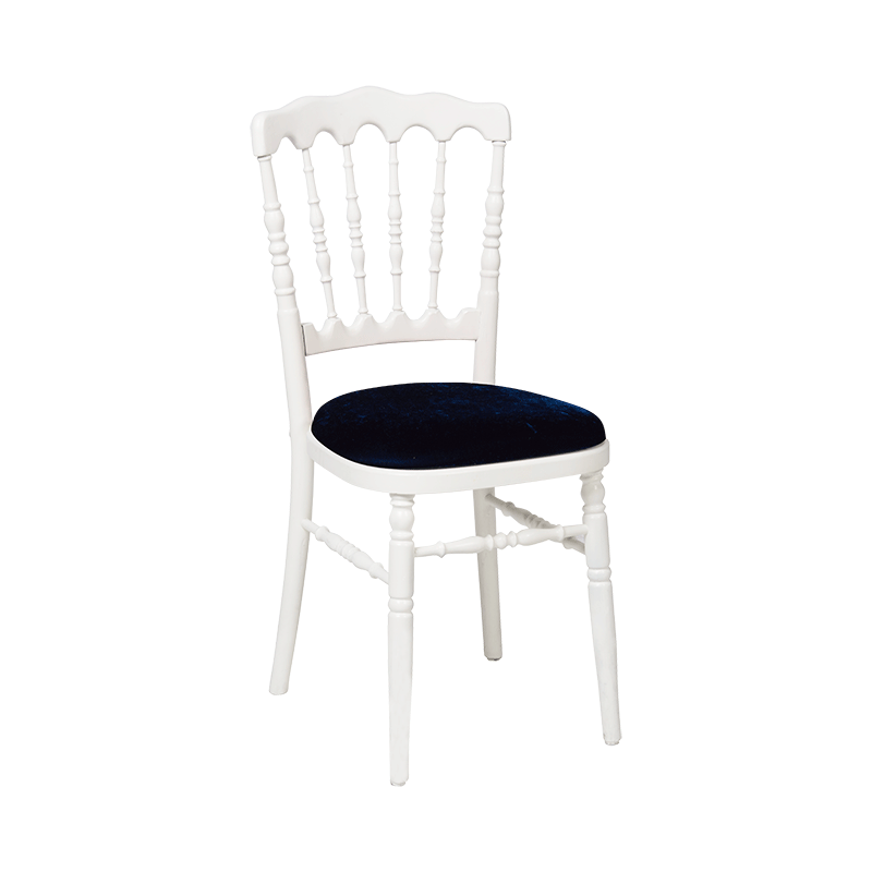 Chaise Napoléon blanche en bois avec galette velours bleue
