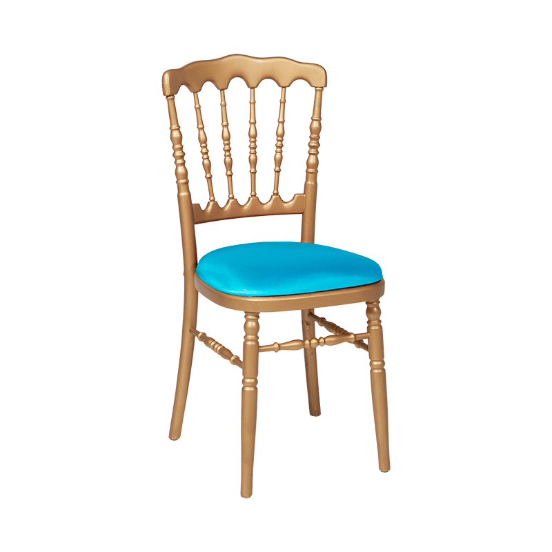 Chaise Napoléon dorée en bois avec galette turquoise