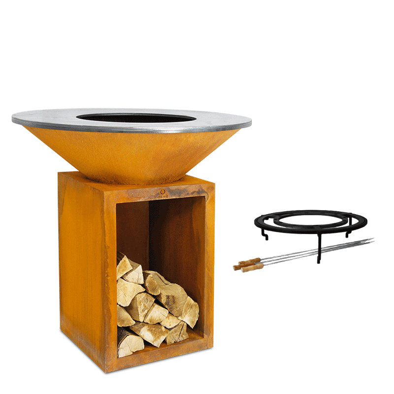 Barbecue Corten avec brochettes Ø 95 cm H 115 cm