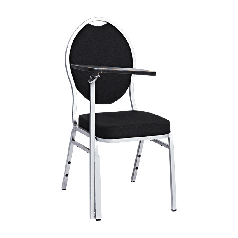 Zwarte stapelstoel met schrijftablet