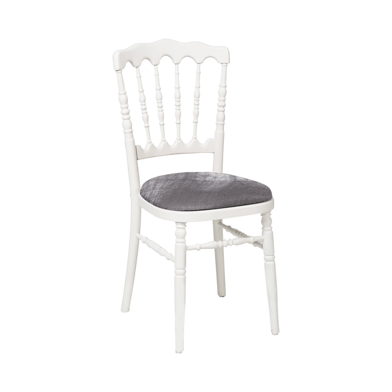 Chaise Napoléon blanche en bois avec galette gris argentée