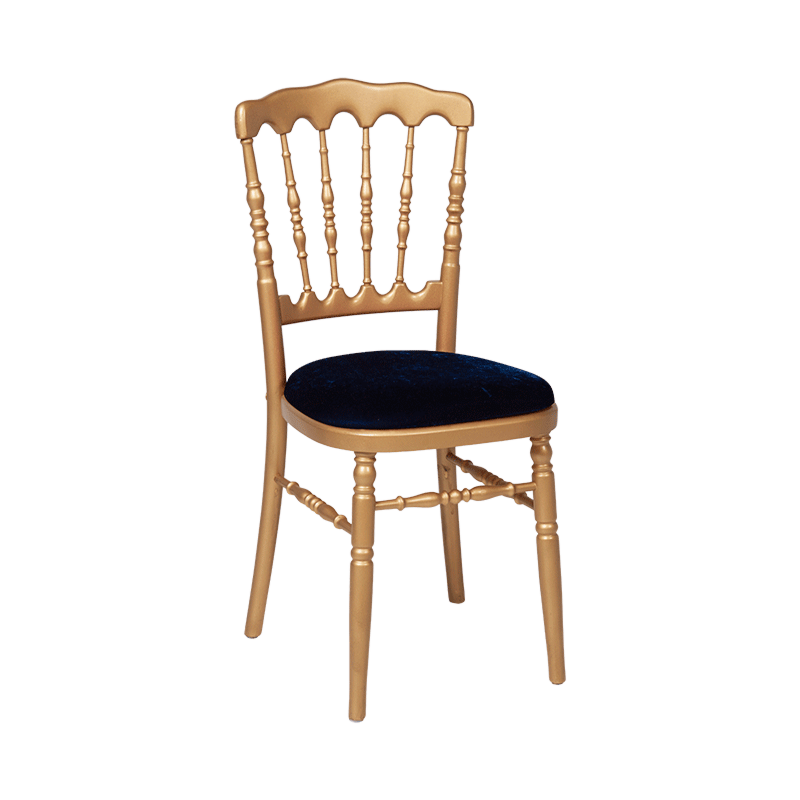 Chaise Napoléon dorée en bois avec galette velours bleue