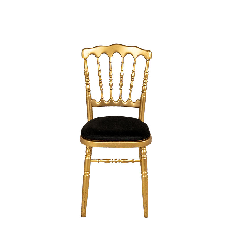 Chaise Napoléon dorée en bois avec galette houssée velours grise