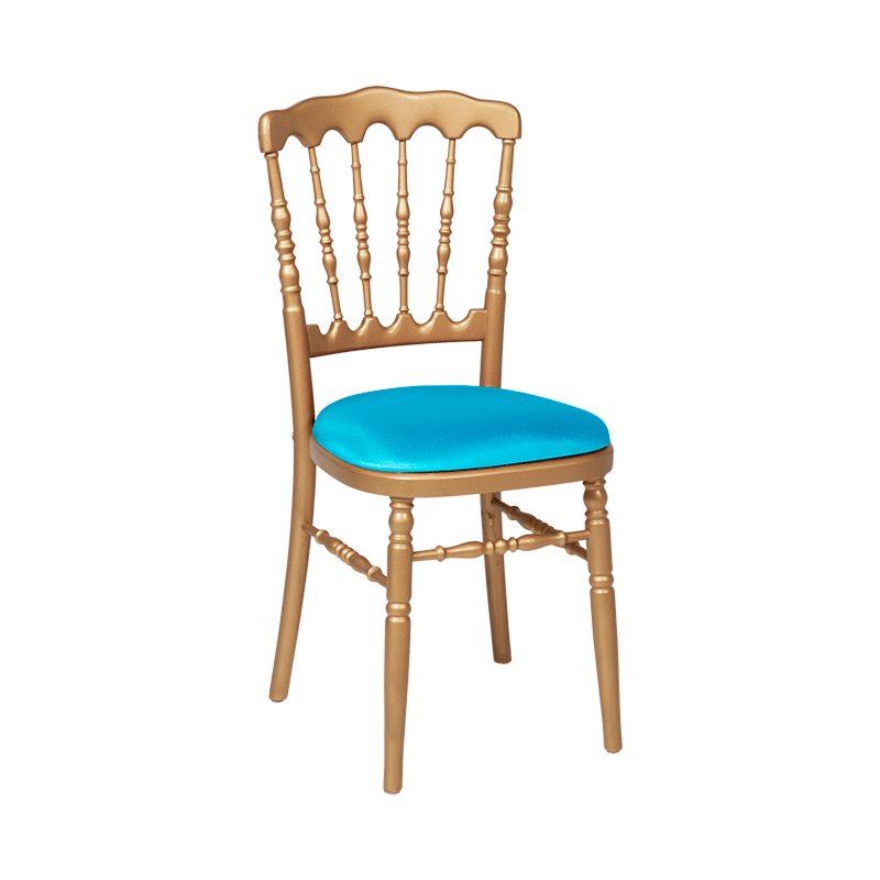 Chaise Napoléon dorée en bois avec galette turquoise