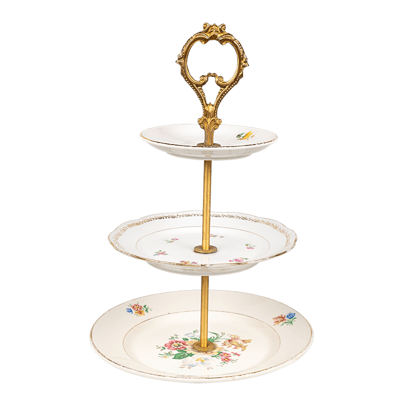 Etagère Vintage 3 verdiepingen gebloemd Ø 23-25 cm H 30-35 cm
