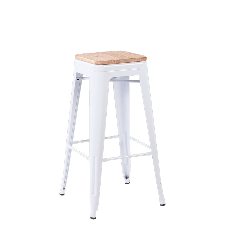 Tabouret industriel blanc assise bois H 78 cm