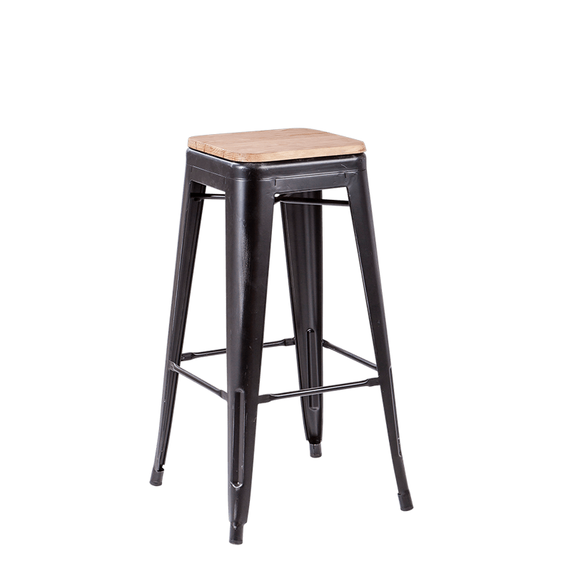 Zwarte industriële barkruk met houten zitvlak H 78 cm