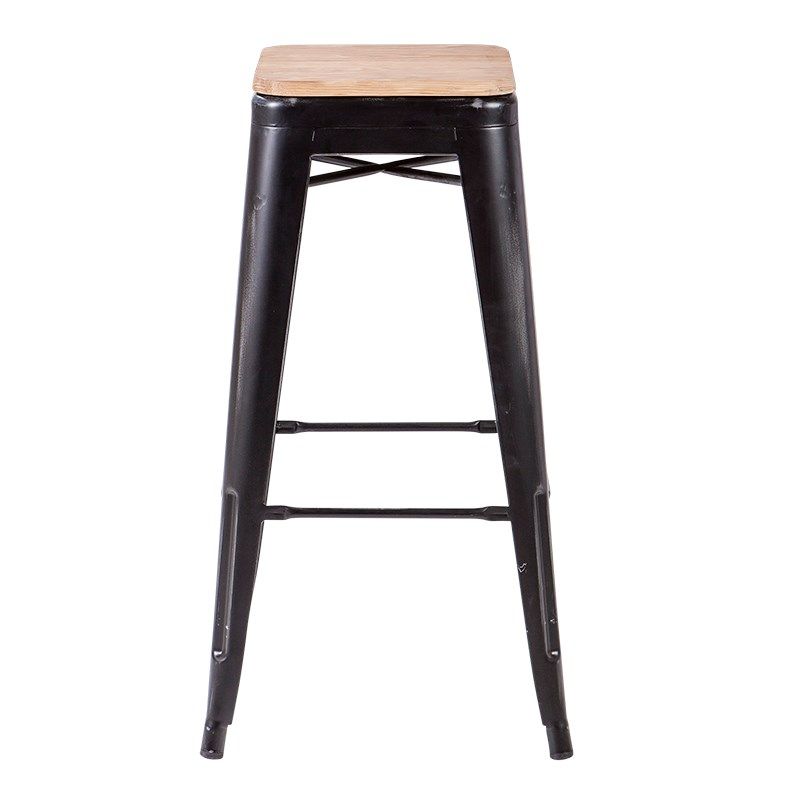 Zwarte industriële barkruk met houten zitvlak H 78 cm
