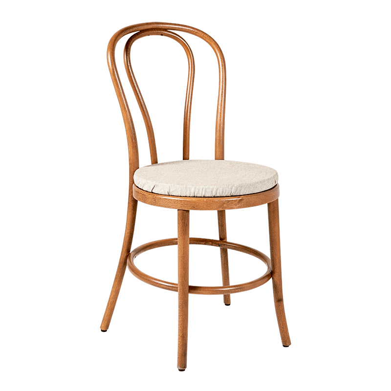 Bistrostoel met touwkleurig rond kussen in linnen