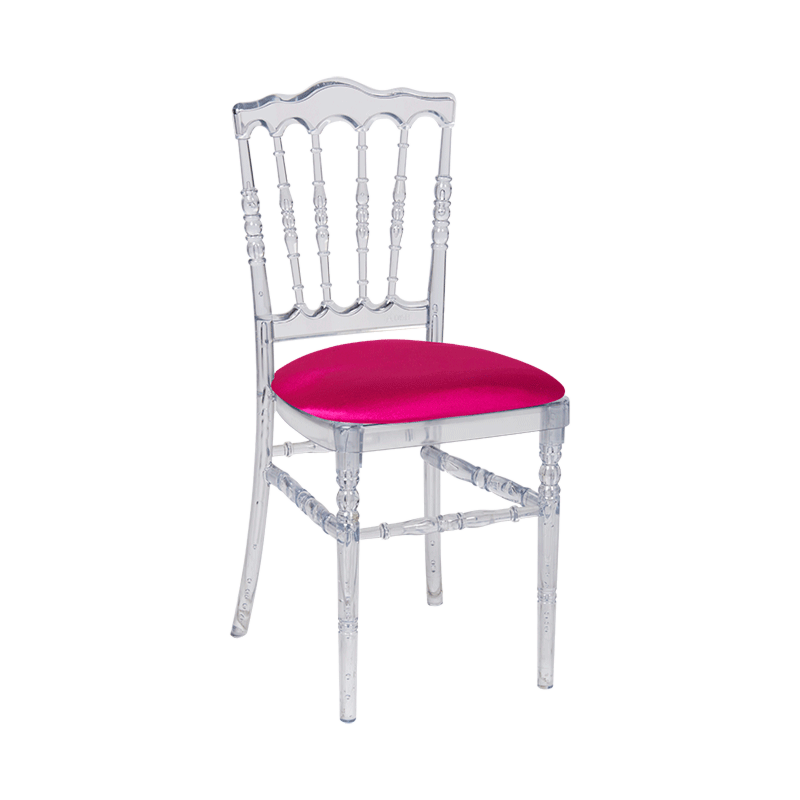 Chaise Napoléon transparente en plexi avec galette fuchsia