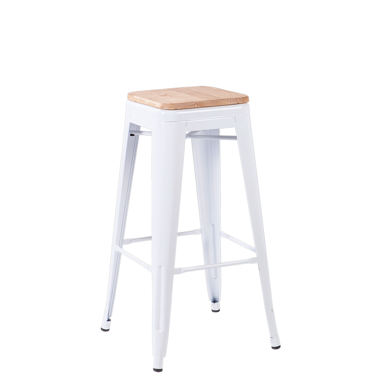 Witte industriële barkruk met houten zitvlak H 78 cm