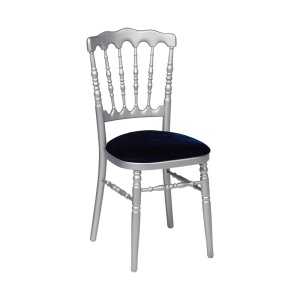 Chaise Napoléon argentée en bois avec galette velours bleue