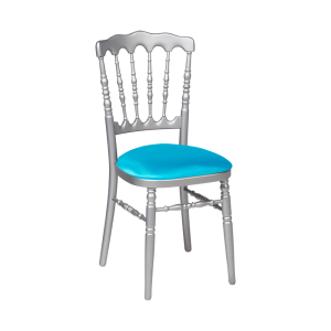 Chaise Napoléon argentée en bois avec galette turquoise