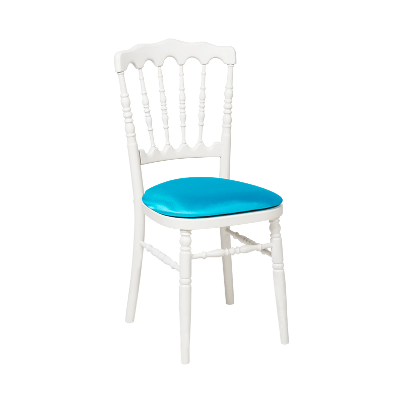 Chaise Napoléon blanche en bois avec galette turquoise