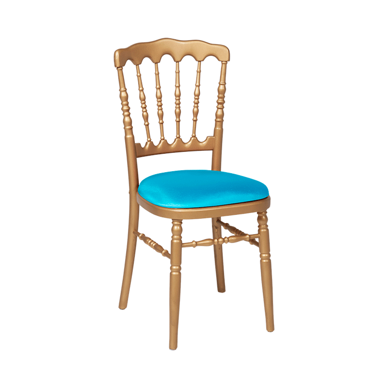 Chaise Napoléon dorée en bois avec galette turquoise