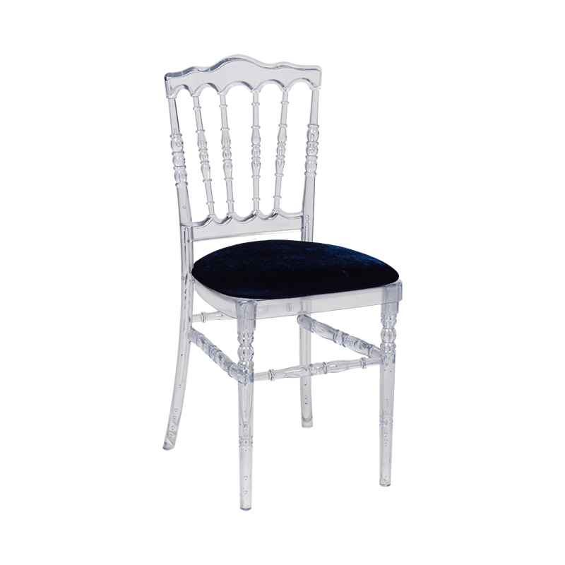 Chaise Napoléon transparente en plexi avec galette velours bleue