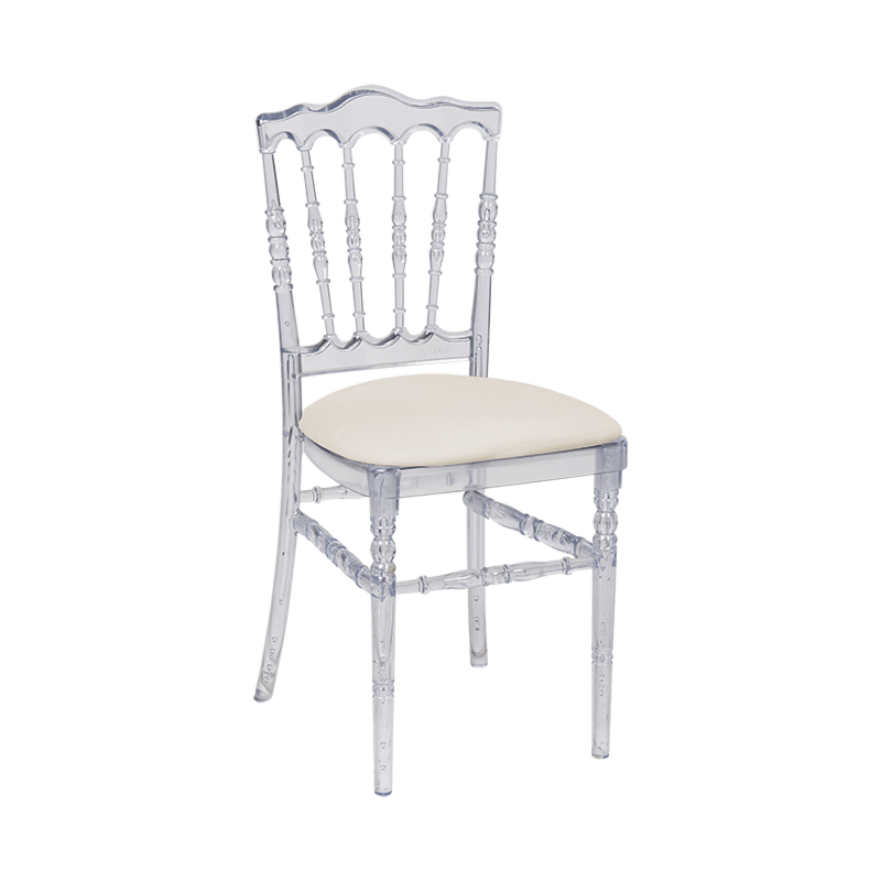 Chaise Napoléon transparente en plexi avec galette écrue velours