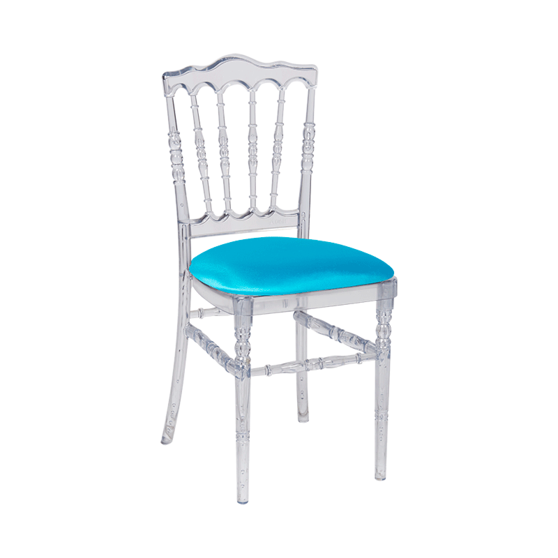 Chaise Napoléon transparente en plexi avec galette turquoise